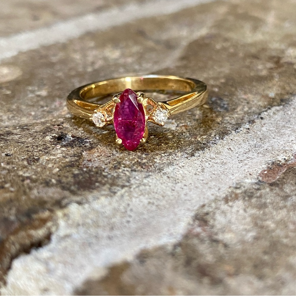 Solid 14kt Gold Diamond Ruby Ring Marquis Ruby - image 1